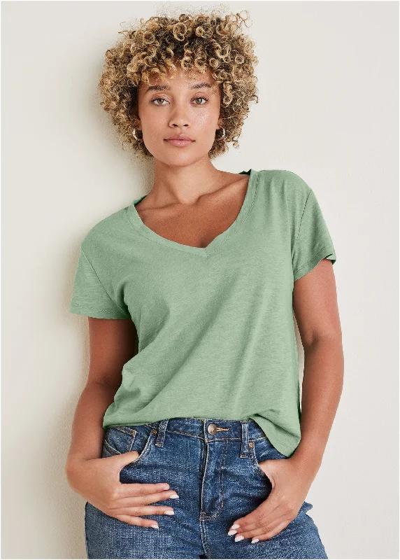 Trendy Apparel Cotton Slub V-Neck Tee - Basil