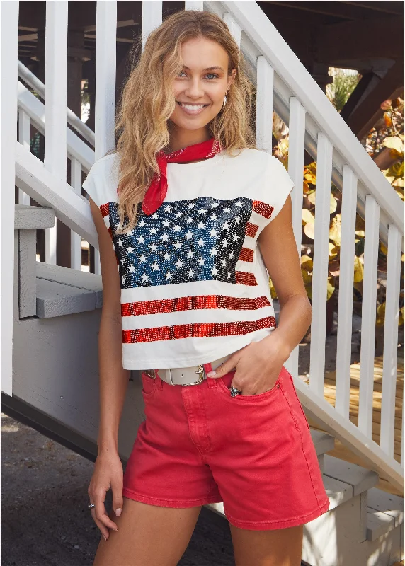 Winter Boots Stars And Stripes Sequin Top - Off White