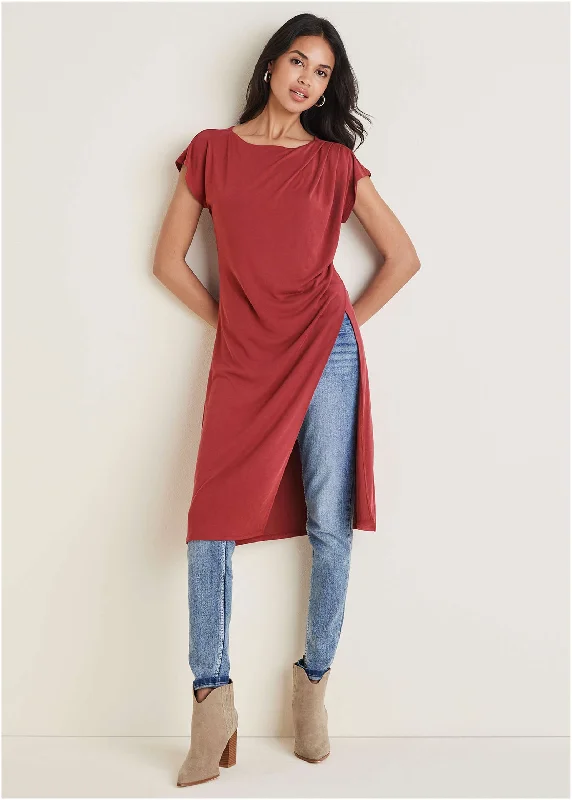 Casual Boots Ruched Slit Maxi Top - Wine