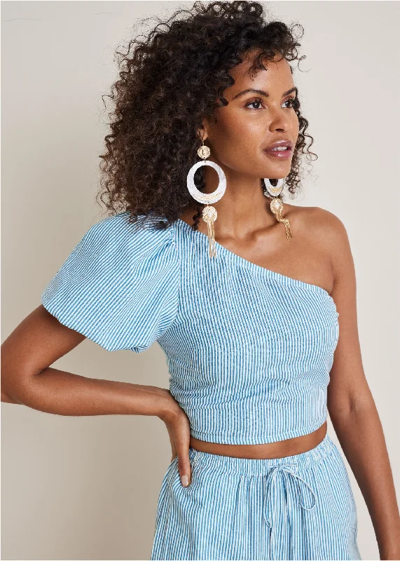 Casual Hoodies Linen One Shoulder Top - Blue Whisper Stripe