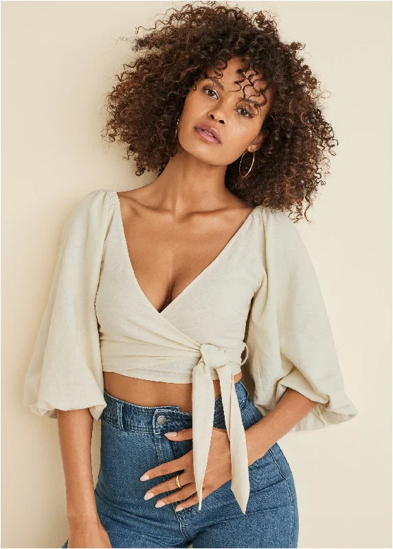 Outdoor Essentials Wear Linen Wrap Top - Cream
