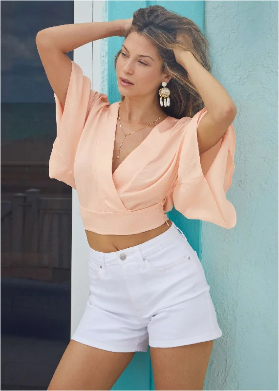 Printed Shirts Kimono Sleeve Faux Wrap Top - Blush