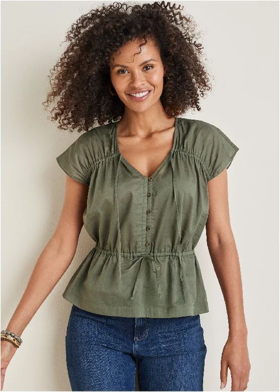 Printed Scarves Adjustable Tie Front Top - Olive