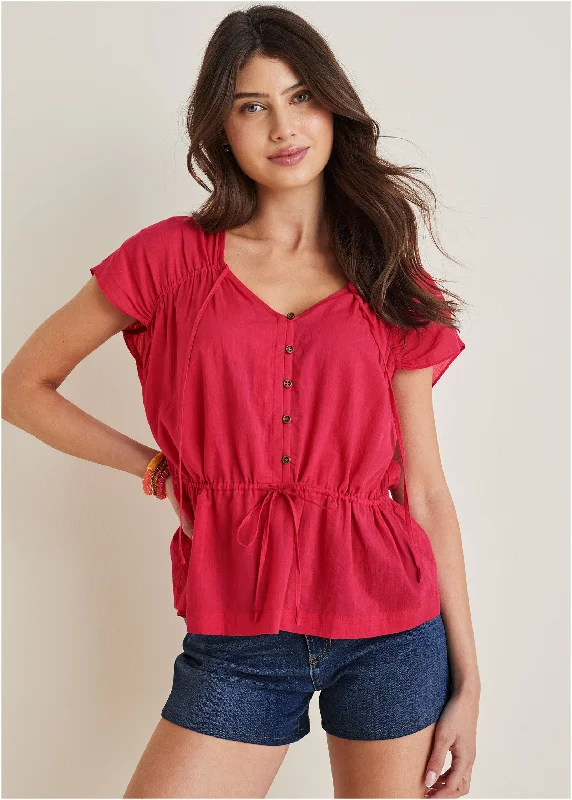 Fashion Comfort Adjustable Tie Front Top - Dark Pink