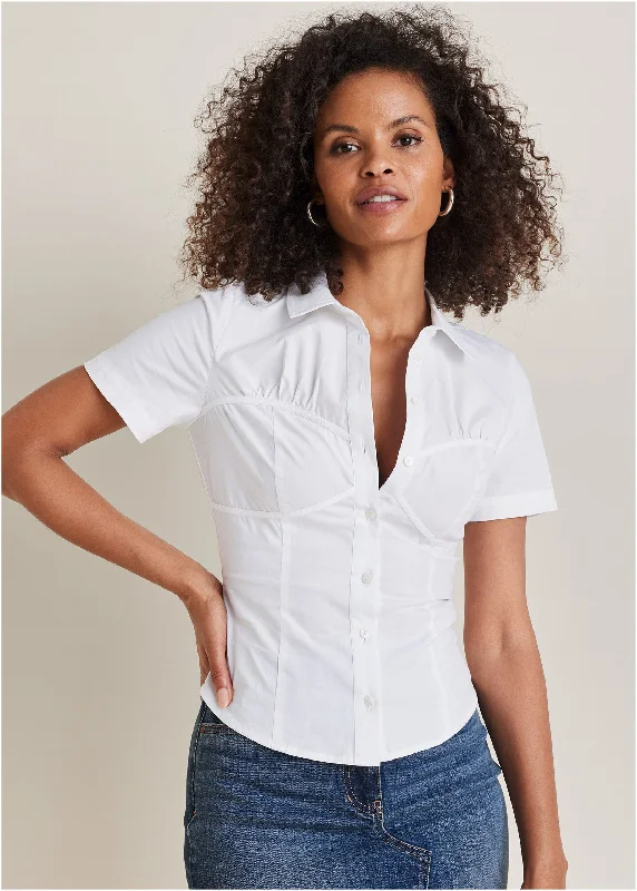 Warm Cardigans Fitted Collared Top - Off White