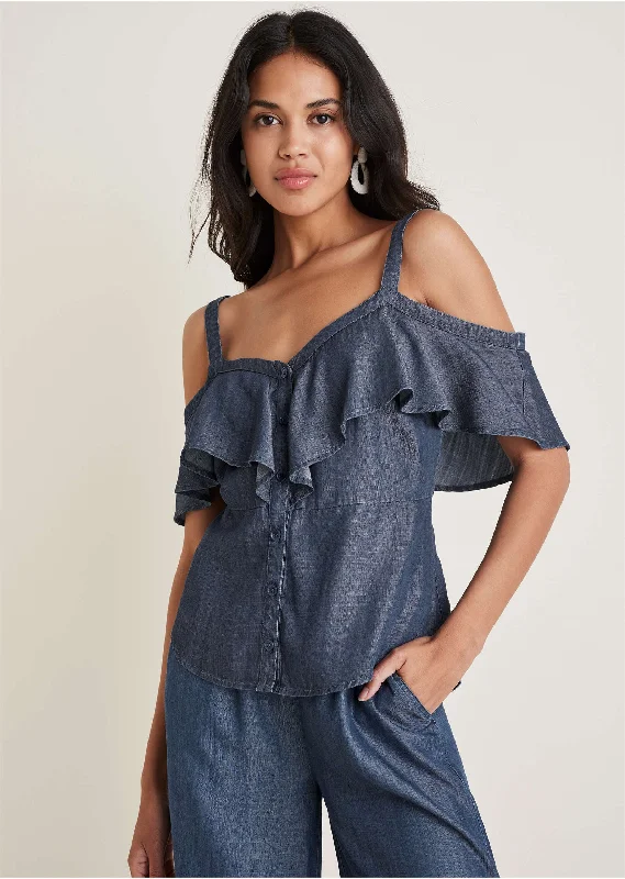 Casual Comfort Chambray Ruffle Top - Dark Wash