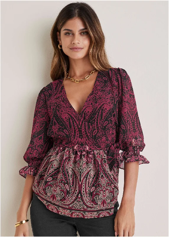Functional Tops Wrap Tie Blouse - Bountiful Border