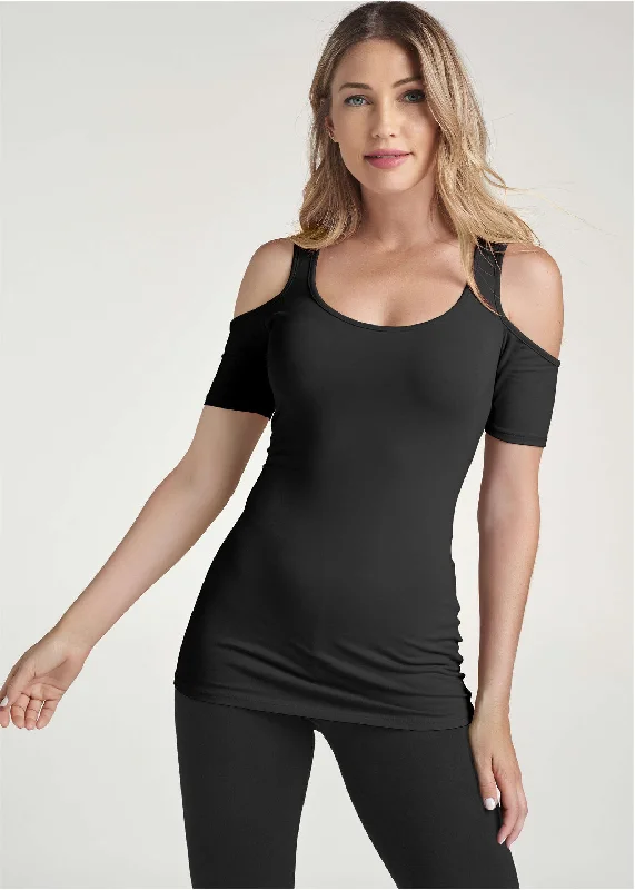 Statement Shirts Long And Lean Cold-Shoulder Top - Black