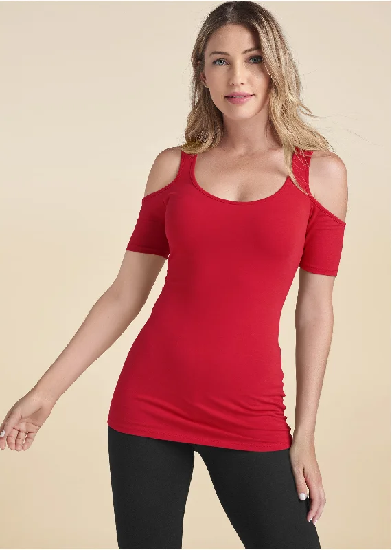 Stylish Polos Long And Lean Cold-Shoulder Top - Red