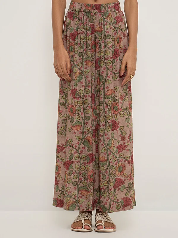 Soft Streetwear Zuba Dark Brown Floral Printed Ethnic Pants
