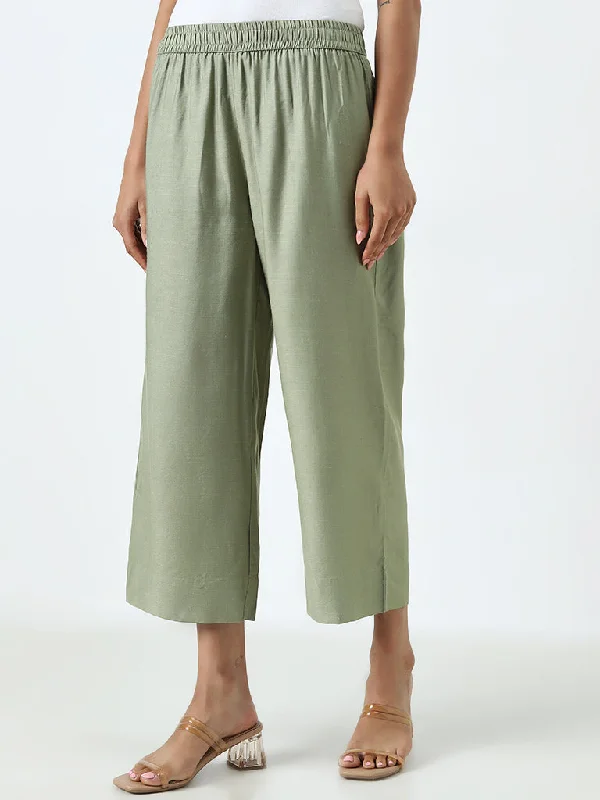 Casual Knitwear Zuba Sage Solid High-Rise Cotton Blend Ethnic Pants
