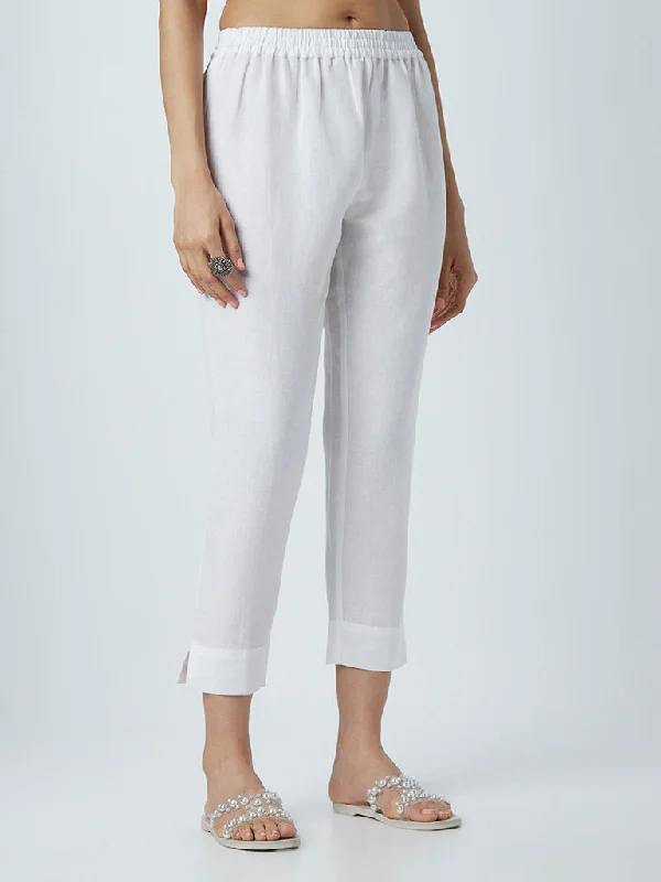 Sporty Essentials Zuba White Ethnic Blended Linen Pants