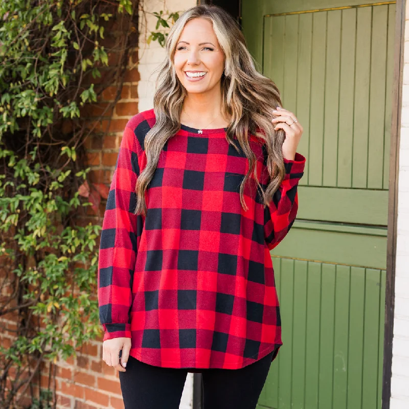 Curved Hem Slouchy Dolman Tunic, Red Plaid